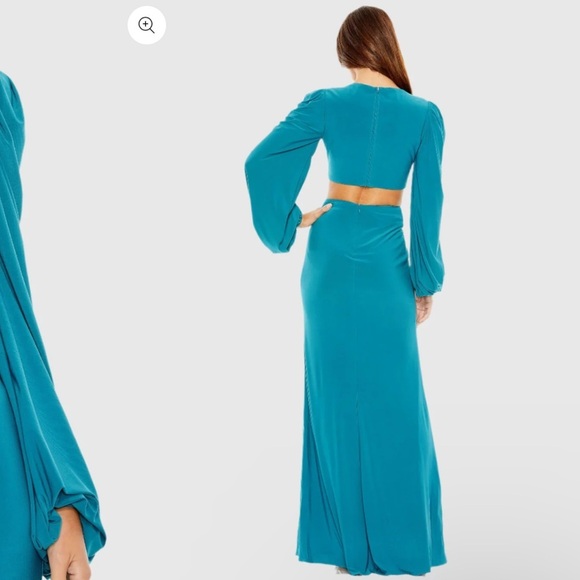 NWT |Mac Duggal 26727 Ocean Blue Jersey Puff Sleeve Cut Out Gown Size 12 - Picture 3 of 12